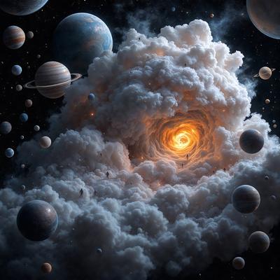 The primary subject of the image is a cloudy, swirling mass of clouds, which appears to be a celestial scene. The setting is a night sky filled with various planets and moons, creating a sense of depth and space. The visual style is a combination of digital art and illustration, with the cloudy mass and planets being depicted in a detailed and artistic manner. The colors and mood of the image are predominantly dark and moody, with the swirling clouds and planets creating